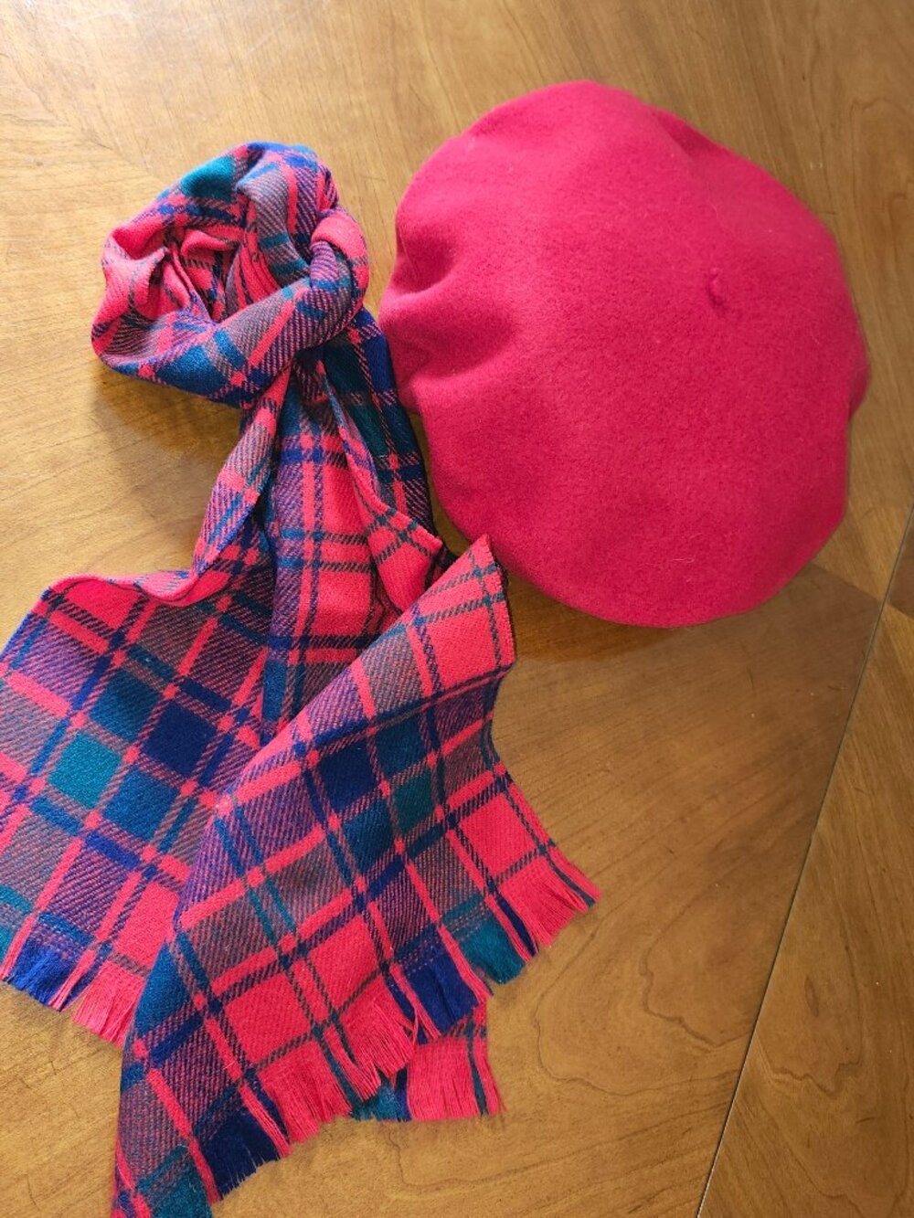 RED WOOL BERET with MATCHING PLAID SCARF